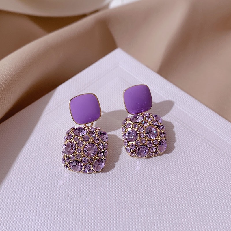 Purple full diamond square stud earrings with a niche design sense for women, high-end earrings and pendants, elegant and internet-famous exquisite pure silver earrings 011