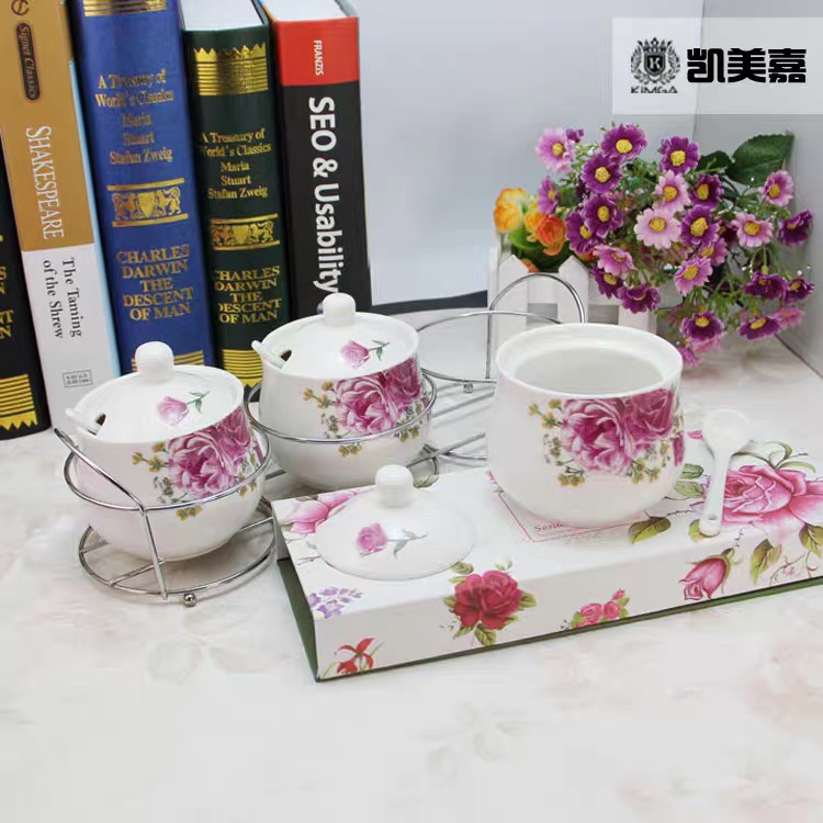 Yongsheng Creative Ceramic Seasoning Jar, Korean-style seasoning box bottle, seasoning Jar box bottle, Salt jar three-piece set, Kitchen monosodium glutamate bottle, multiple pictures to choose from Specification image