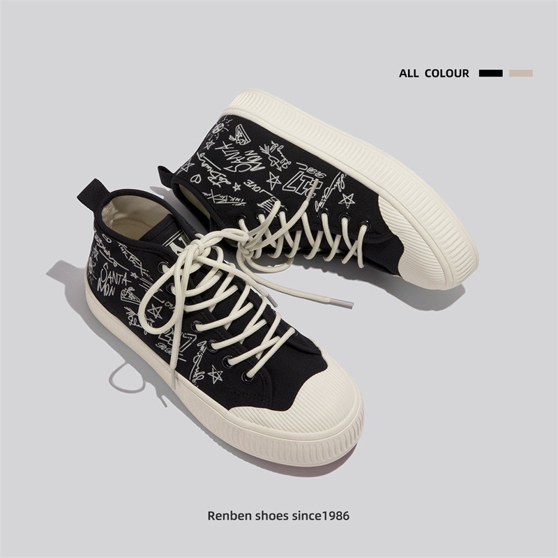 Humanistic Graffiti casual canvas shoes for women's Spring 2023 new high-top casual board shoes with fun text design trend details Picture
