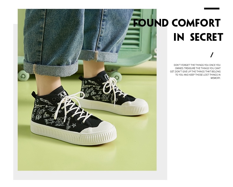 Humanistic Graffiti casual canvas shoes for women's Spring 2023 new high-top casual board shoes with fun text design trend Application Scenario