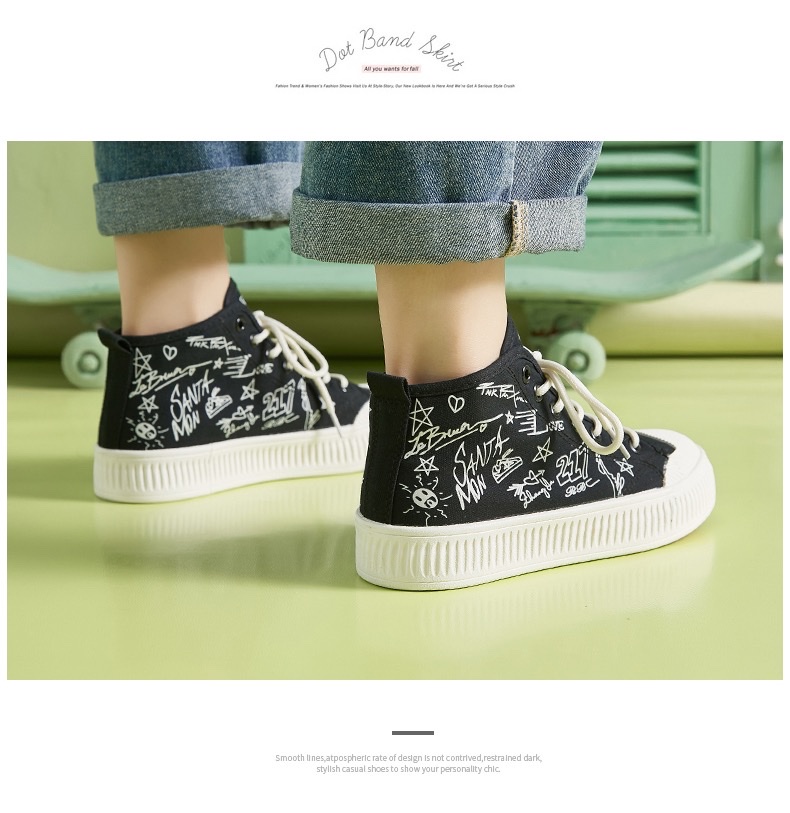 Humanistic Graffiti casual canvas shoes for women's Spring 2023 new high-top casual board shoes with fun text design trend Item Picture