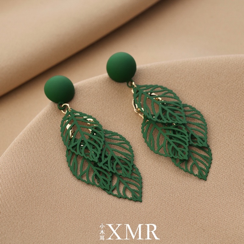 The retro Hong Kong-style green earrings with a trendy vibe, 2022 new trendy leaf fashion large-sized earrings and earrings R406 Item Picture