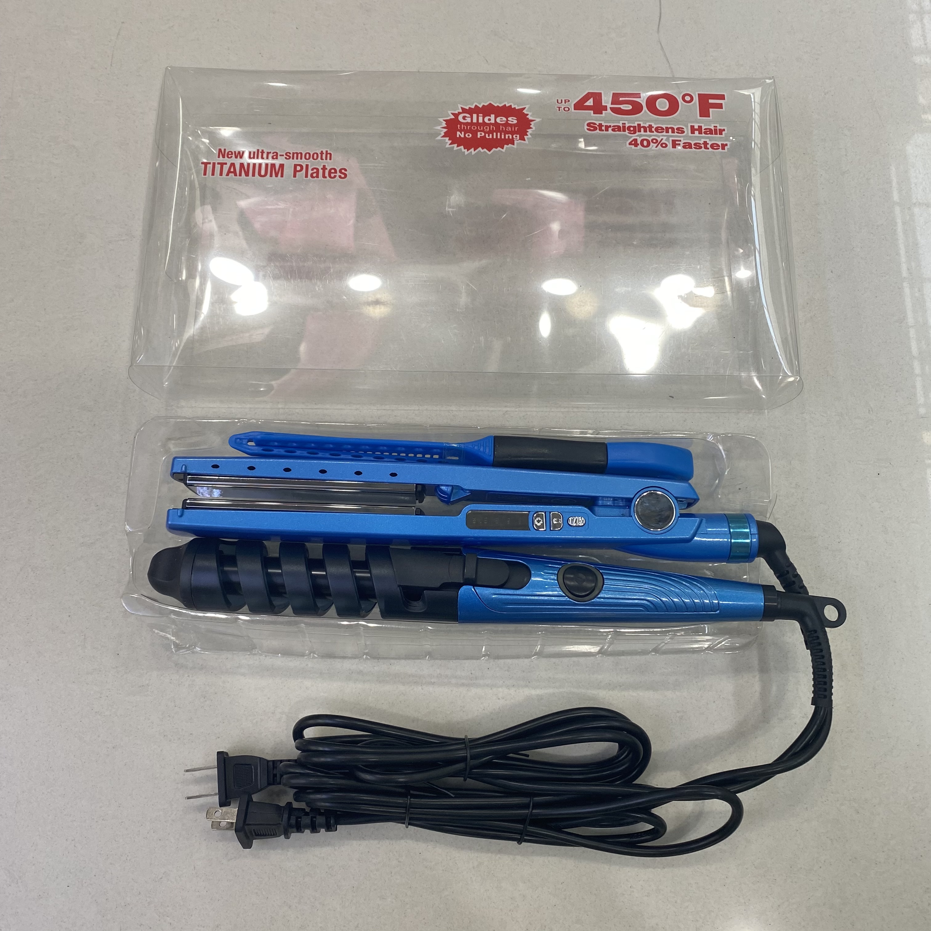 三件套直发器卷直两用卷发器蓝色纳米钛直板夹烫发器夹板