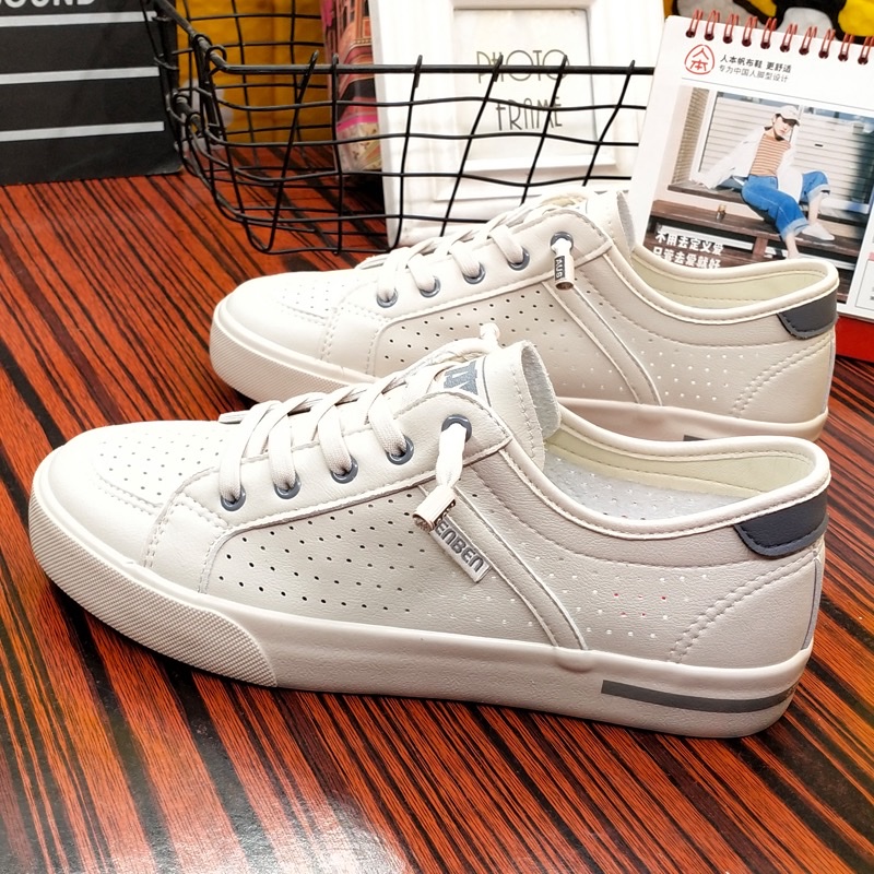 人本镂空皮面休闲板鞋不系带学生透气懒人男板鞋