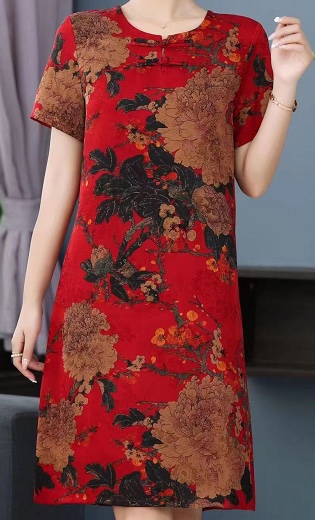New 2023 faux silk No. 3 dress, round-neck fabric loop short-sleeved, summer wear for middle-aged and elderly people, fashionable and comfortable for mothers in summer, low red and festive, suitable for home, travel, socialized friends, large size dress. Specification image