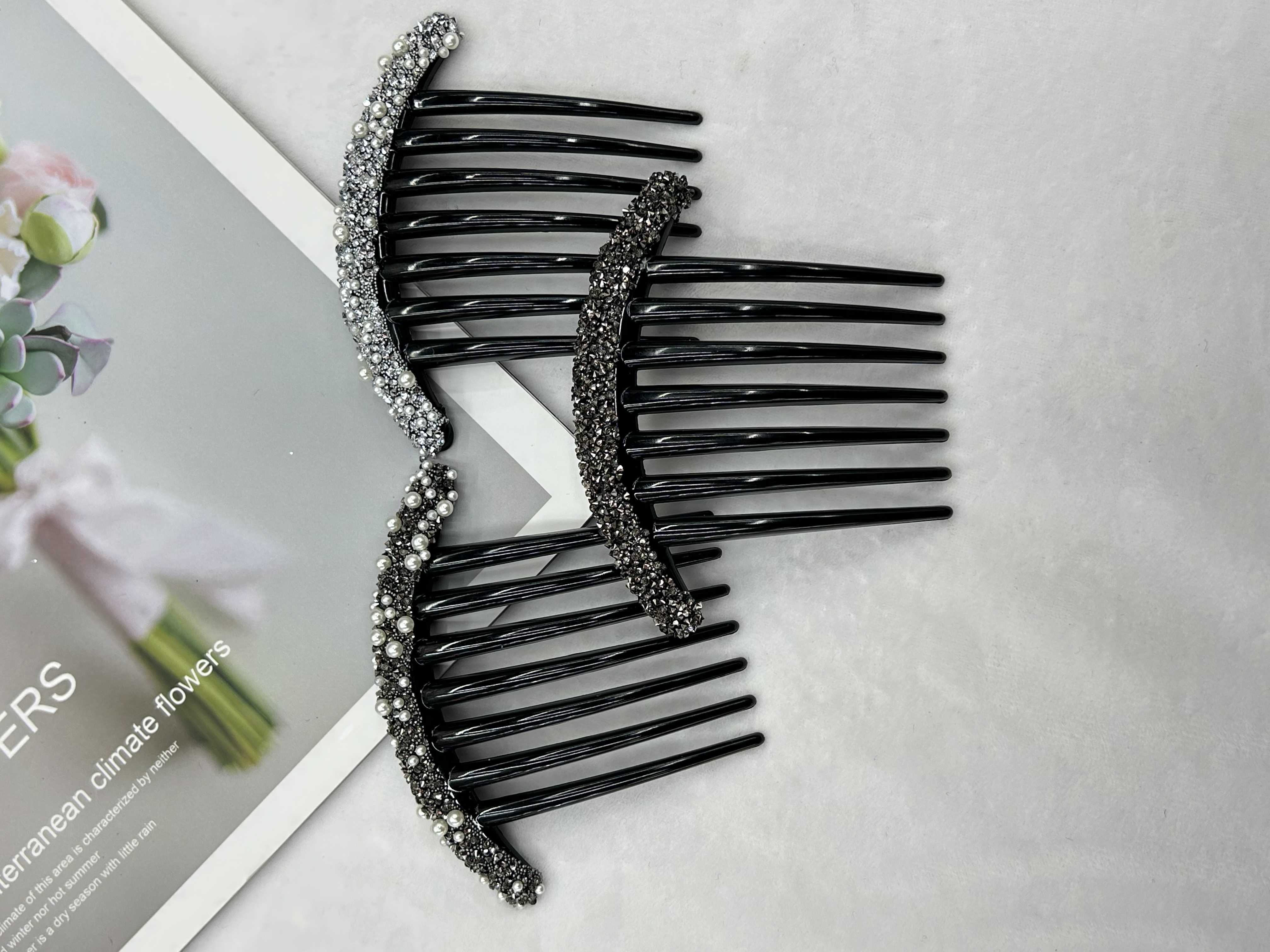 韩版新款发饰镶钻花朵发梳子插梳盘发马尾夹头饰品 -520