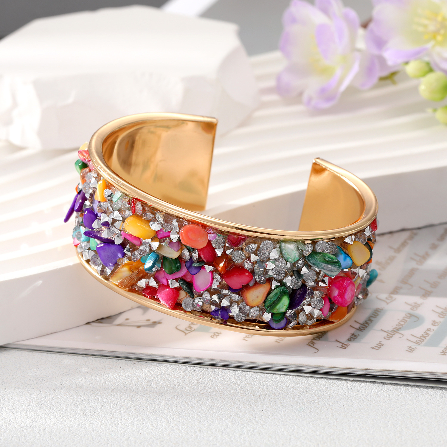 A cross-border bestseller from Europe and America, the Amazon Shein's metal-inlaid colorful rough stone open-mouth bracelet shines brightly for women details Picture