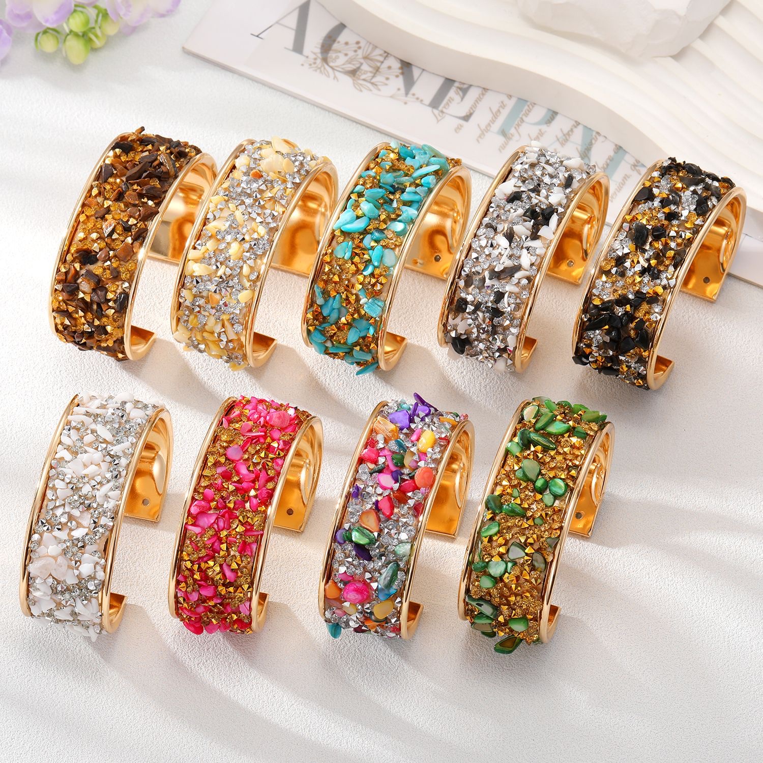 A cross-border bestseller from Europe and America, the Amazon Shein's metal-inlaid colorful rough stone open-mouth bracelet shines brightly for women