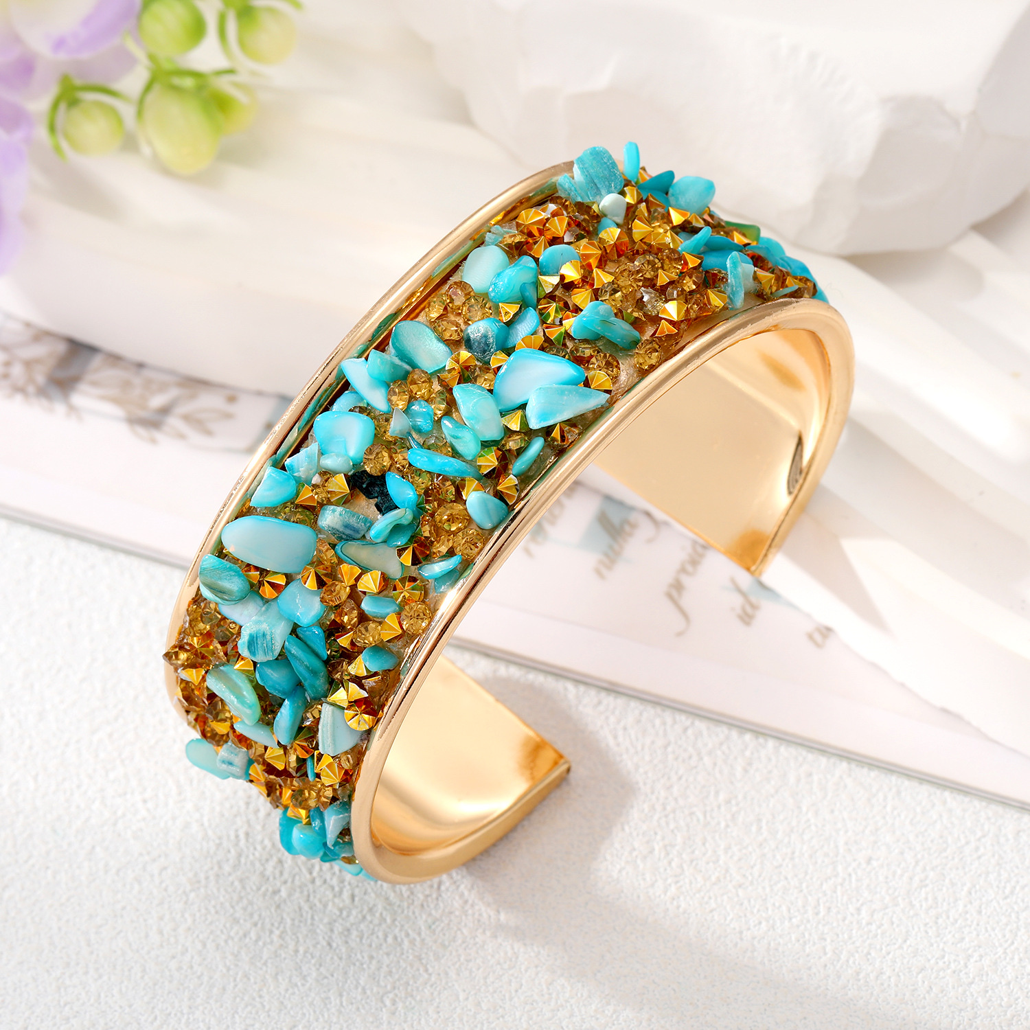A cross-border bestseller from Europe and America, the Amazon Shein's metal-inlaid colorful rough stone open-mouth bracelet shines brightly for women Application Scenario