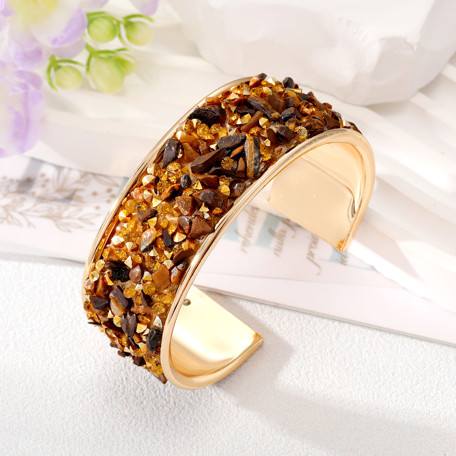 A cross-border bestseller from Europe and America, the Amazon Shein's metal-inlaid colorful rough stone open-mouth bracelet shines brightly for women Item Picture