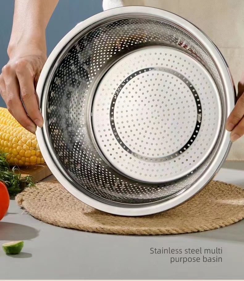 Draining basket, vegetable washing basin, stainless steel leaky basin, rice washing basket, kitchen water filter basin, thickened household fruit basin, rice washing sieve Specification image