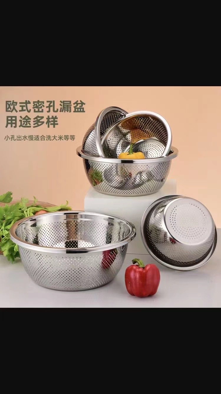 Draining basket, vegetable washing basin, stainless steel leaky basin, rice washing basket, kitchen water filter basin, thickened household fruit basin, rice washing sieve details Picture