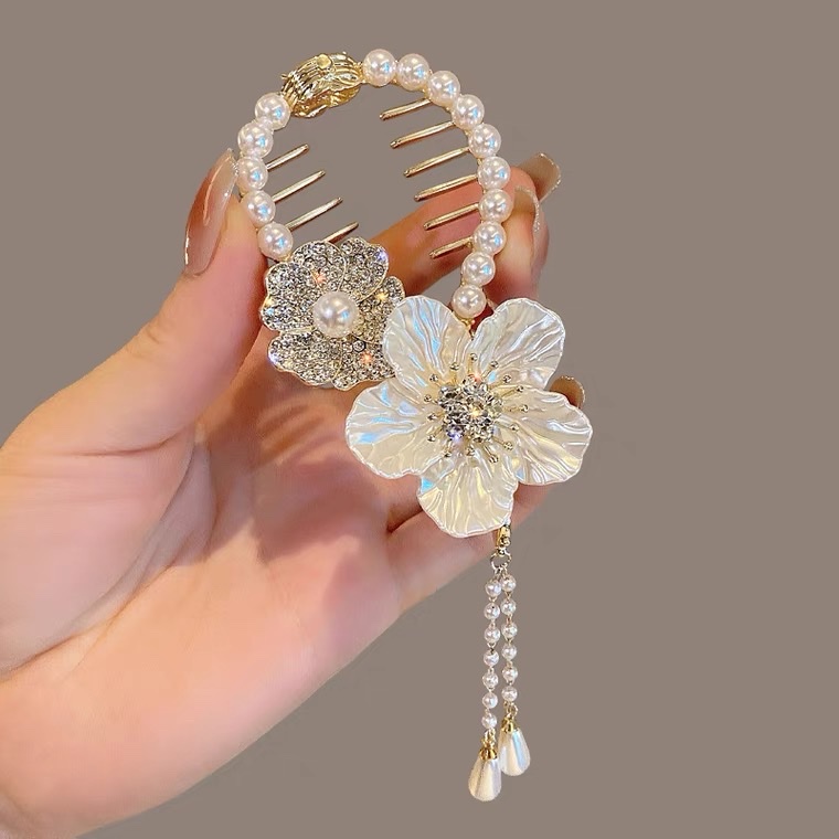 National trend series: Hairpin, bun, women's camellia, water diamond, hair clip, updo tool, pearl clip, back of the head, hair accessory