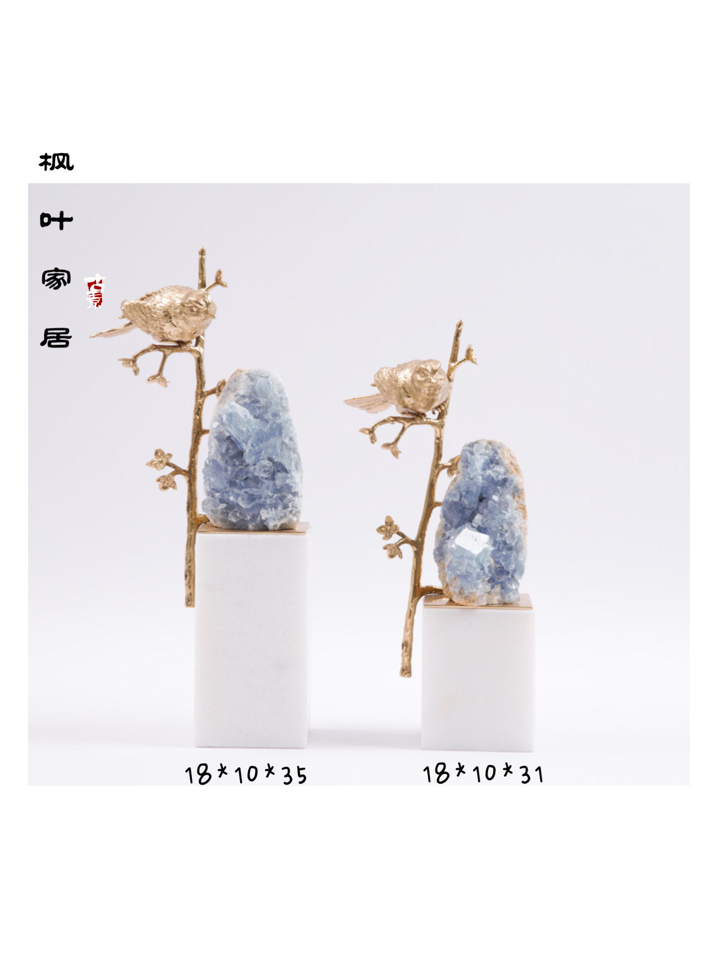 A copper bird handicraft with a marble base and natural crystal inlay