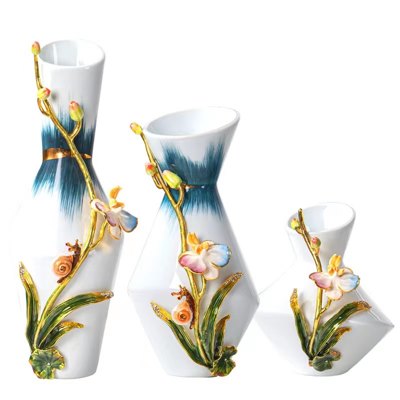 Three sets of ceramic enamel vase ornaments