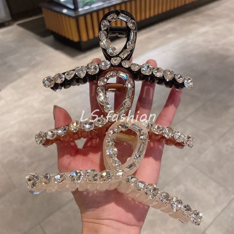 轻奢风高级感大抓夹超闪满钻水晶鲨鱼夹后脑勺盘发发夹子发抓发卡玻璃超闪超漂亮爪夹                     