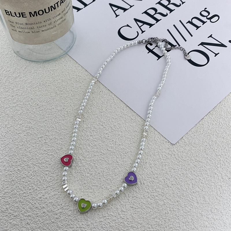 Candy-colored heart-shaped pearl necklace for women, exquisite and versatile. A small silver patchwork collarbone chain, a niche, simple and high-end necklace Specification image
