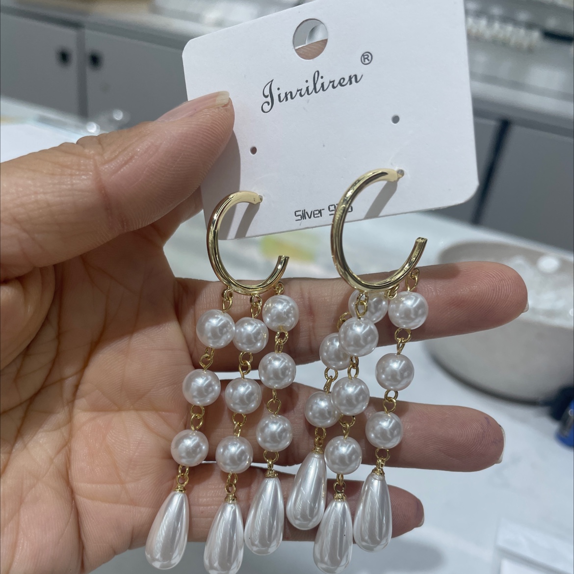 Korean-style fashionable pearl handcrafted earrings, versatile long tassel earrings