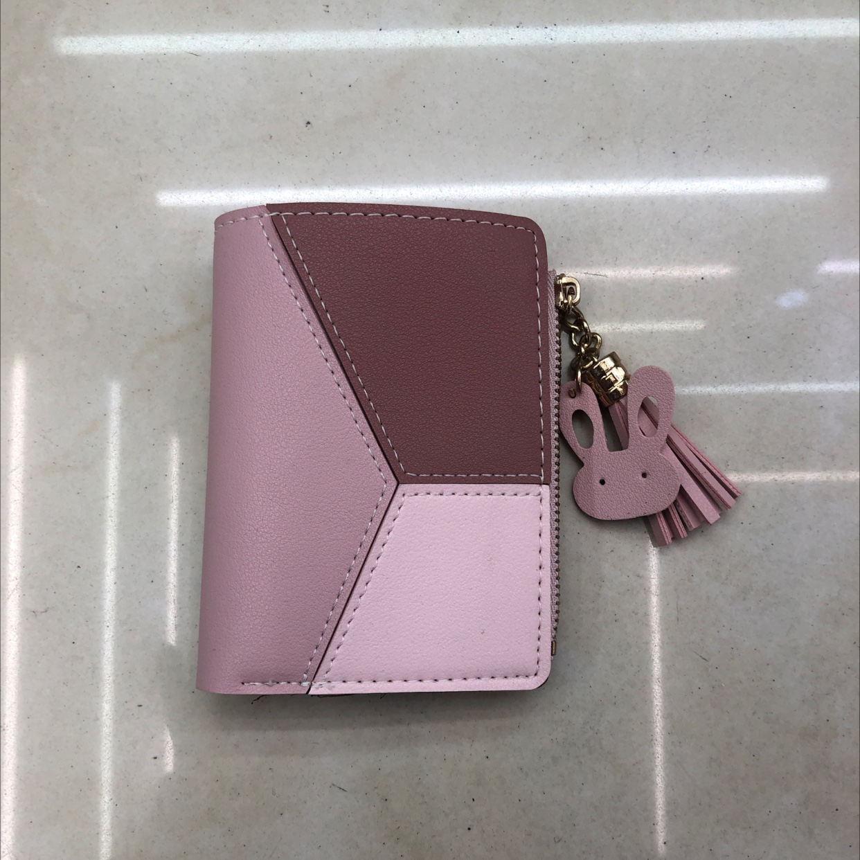 Detailed View of Three-Color Spliced Bunny Pendant Short Purse