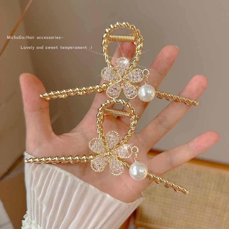 Pearl tassel flower metal clip, women's back head coil hair clip, large shark clip, elegant hair clip, head accessory, national trend series