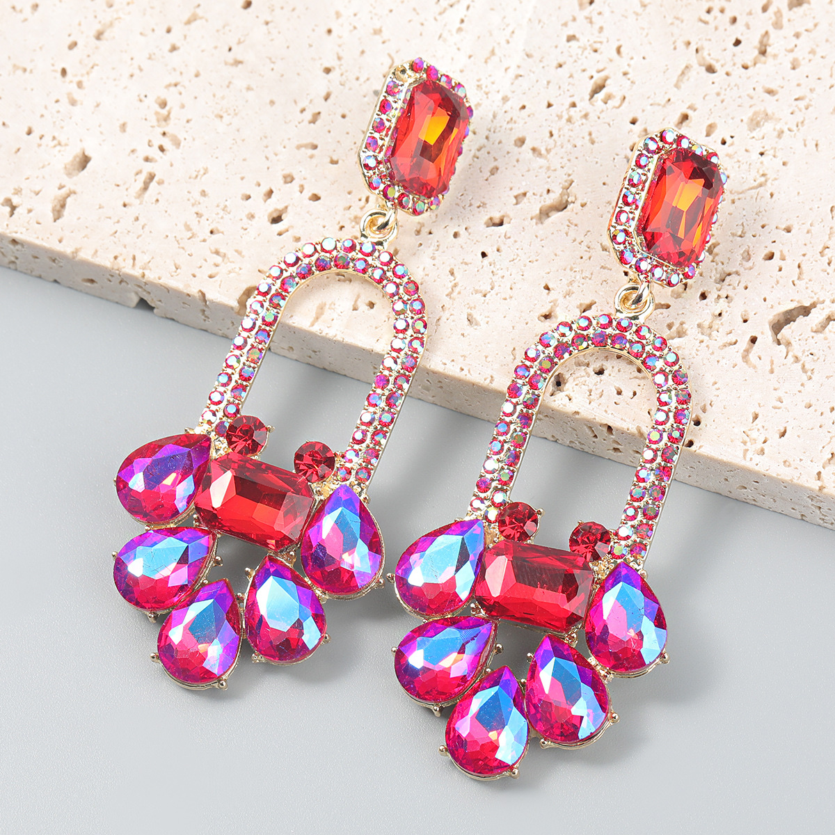 Fashionable colored diamond series alloy diamond-encrusted rhinestone geometric floral full diamond earrings, trendy women's European and American exaggerated earrings