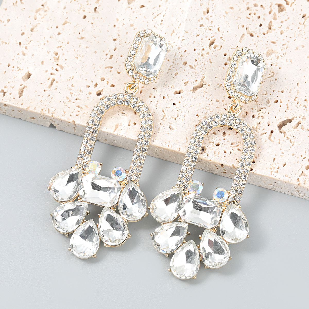 Fashionable colored diamond series alloy diamond-encrusted rhinestone geometric floral full diamond earrings, trendy women's European and American exaggerated earrings details Picture