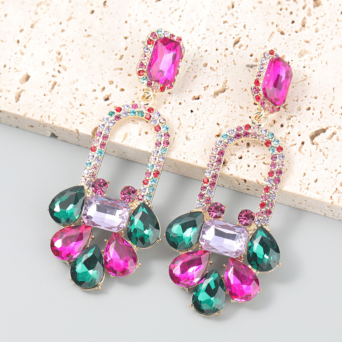 Fashionable colored diamond series alloy diamond-encrusted rhinestone geometric floral full diamond earrings, trendy women's European and American exaggerated earrings Specification image