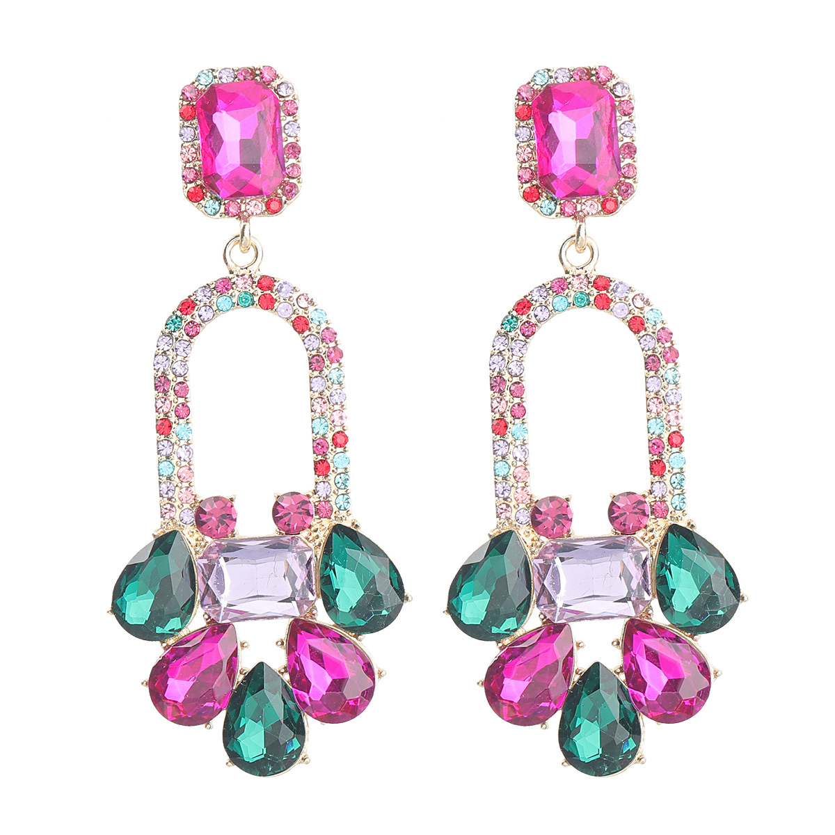 Fashionable colored diamond series alloy diamond-encrusted rhinestone geometric floral full diamond earrings, trendy women's European and American exaggerated earrings Application Scenario