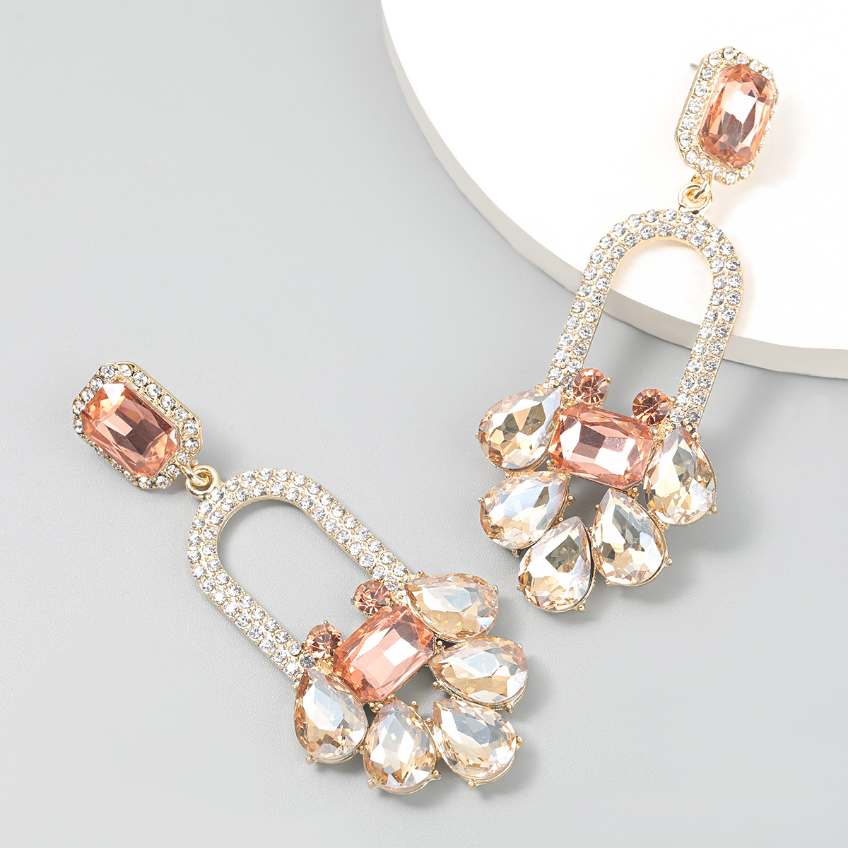 Fashionable colored diamond series alloy diamond-encrusted rhinestone geometric floral full diamond earrings, trendy women's European and American exaggerated earrings Item Picture
