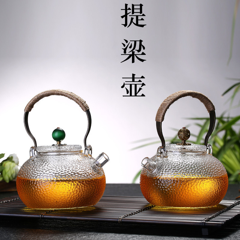 厂家批发玻煮茶壶家用锤纹祥云花茶壶电陶炉加热铜把提梁壶泡茶壶 