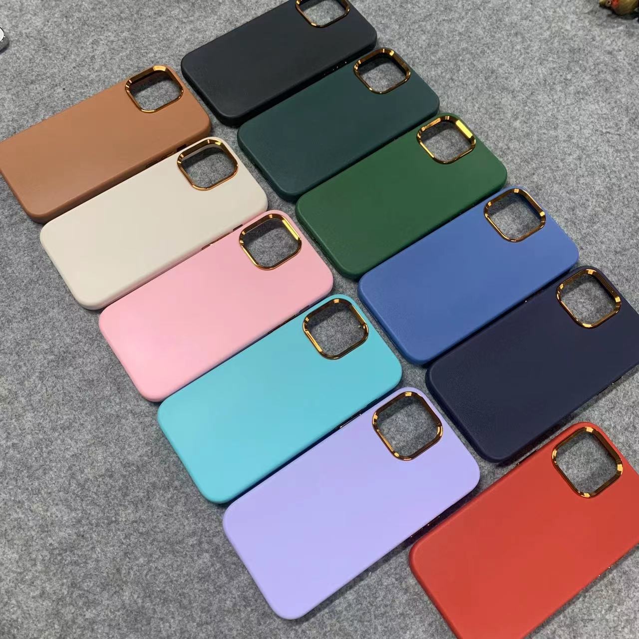 TPU PU电镀框皮纹二合一手机套适用苹果14/14pro简约手机保护壳 