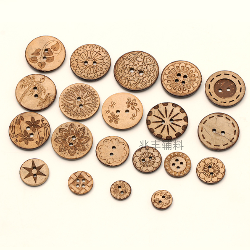 Coconut button two-eye coconut buckle pattern in stock, DIY factory in stock, four-eye coconut shell button for self-sale, wholesale and weaving Specification image