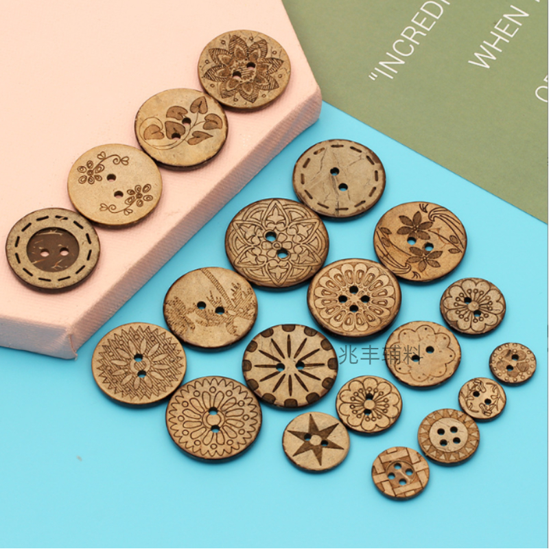 Coconut button two-eye coconut buckle pattern in stock, DIY factory in stock, four-eye coconut shell button for self-sale, wholesale and weaving details Picture