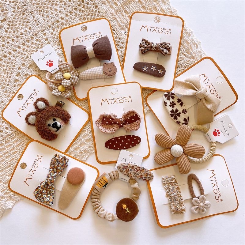 Korean early autumn sweet milk coffee bow hair clips, children's fabric BB clips, cute 5-petal flower-filled cotton girls' hair strings Specification image