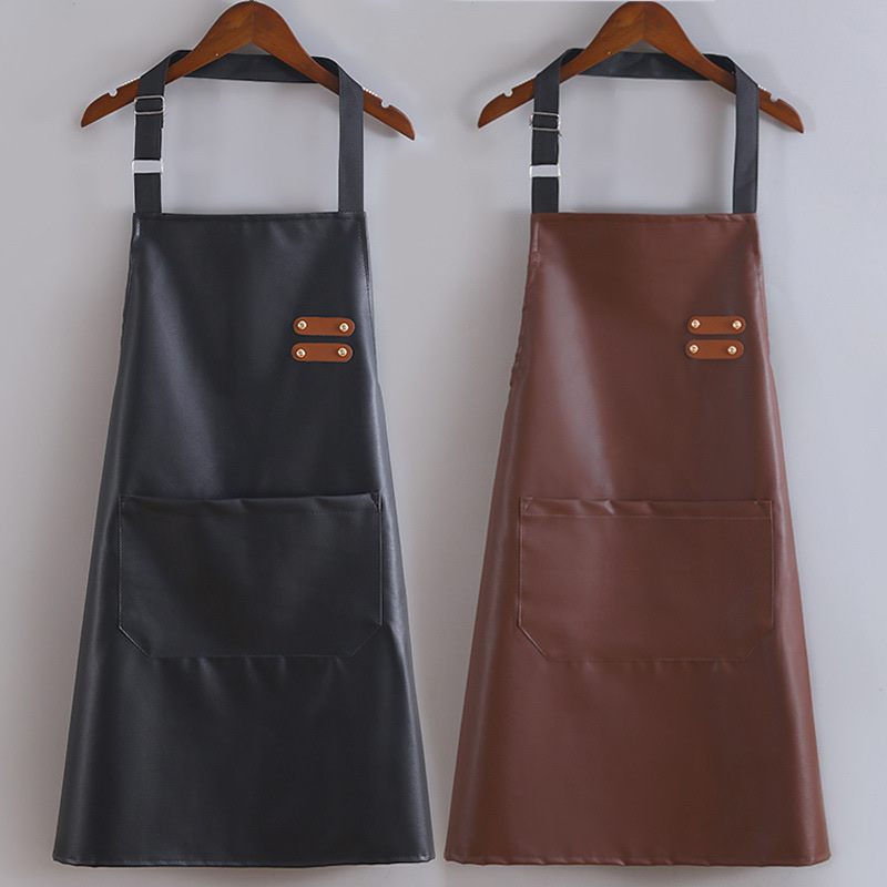 Leather PU adult apron, waterproof and oil-resistant, kitchen soft leather women's fashionable cover-up, home work clothes, can add logo waistband
