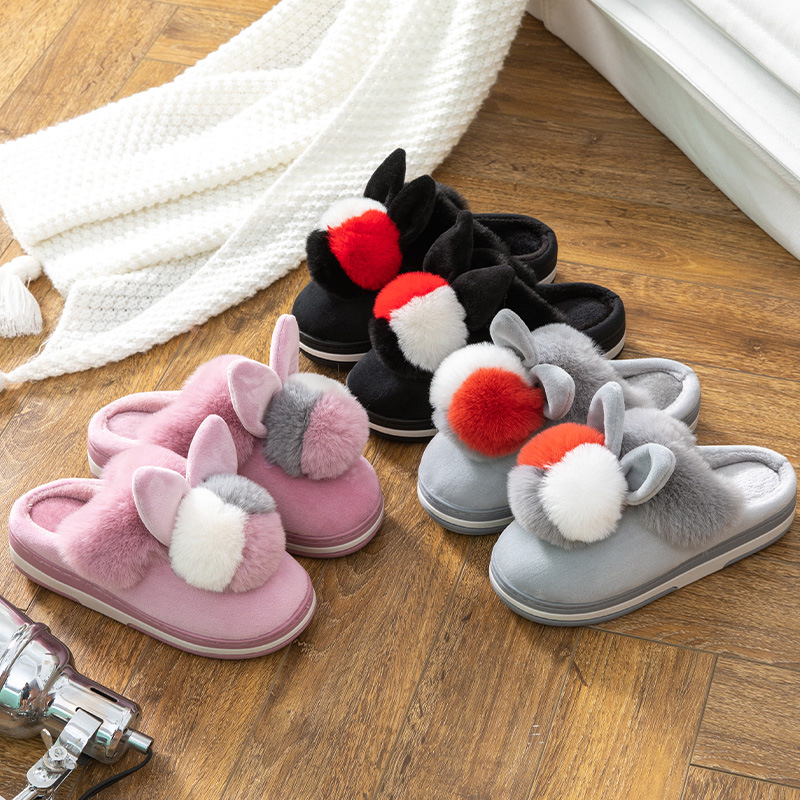 New Fur Ball Thick Bottom Rabbit Cartoon Cotton Slippers Floor Drag Warm Non-Slip Indoor Cute Cotton Slippers full figure