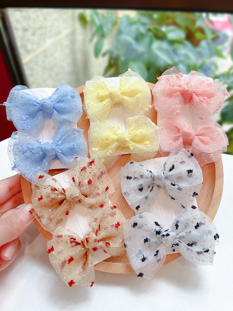 Korean-style princess bow hair clips, children's hair accessories, super beautiful gilded gauze, baby bangs clips, broken hair clips, headwear clips