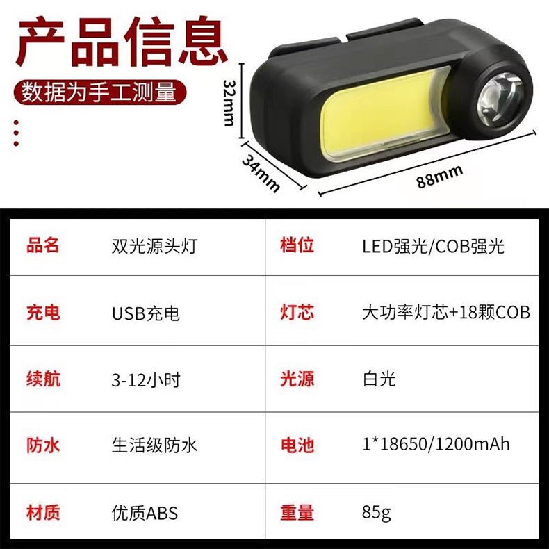 跨境COB+LED迷你USB充电强光头灯 多功能 户外灯 野营灯 钓鱼灯详情13
