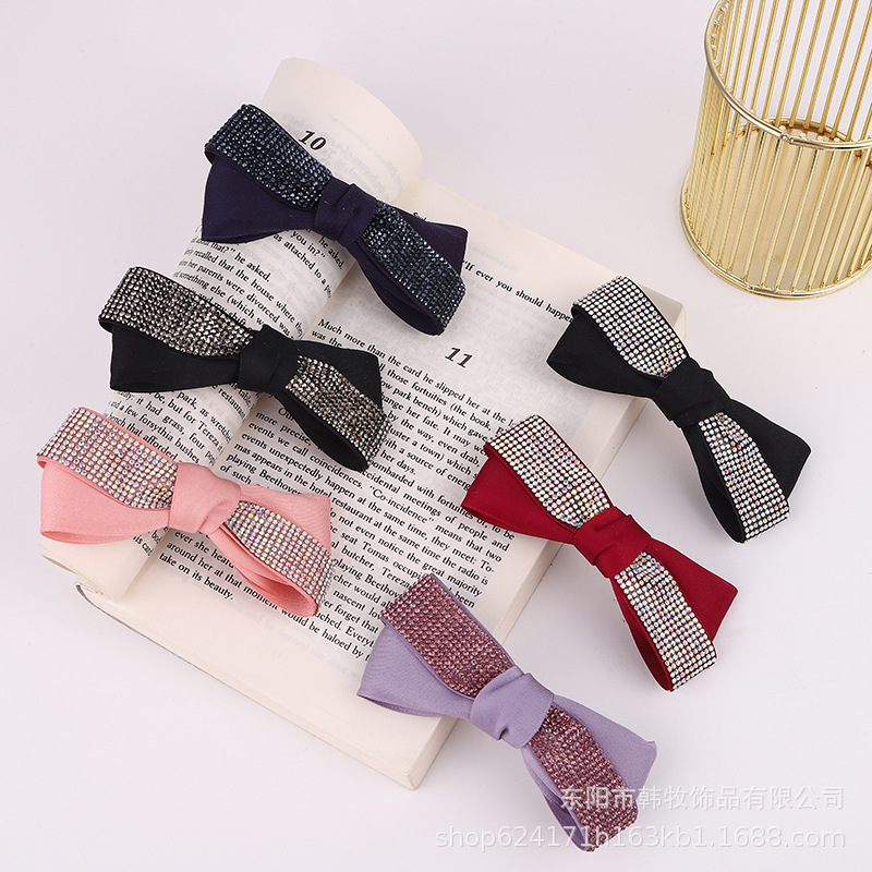 Ribbon hair clips for women, handcrafted fabric with hot diamonds, bow, rhinestone and straight clips, simple hair accessories pic 1