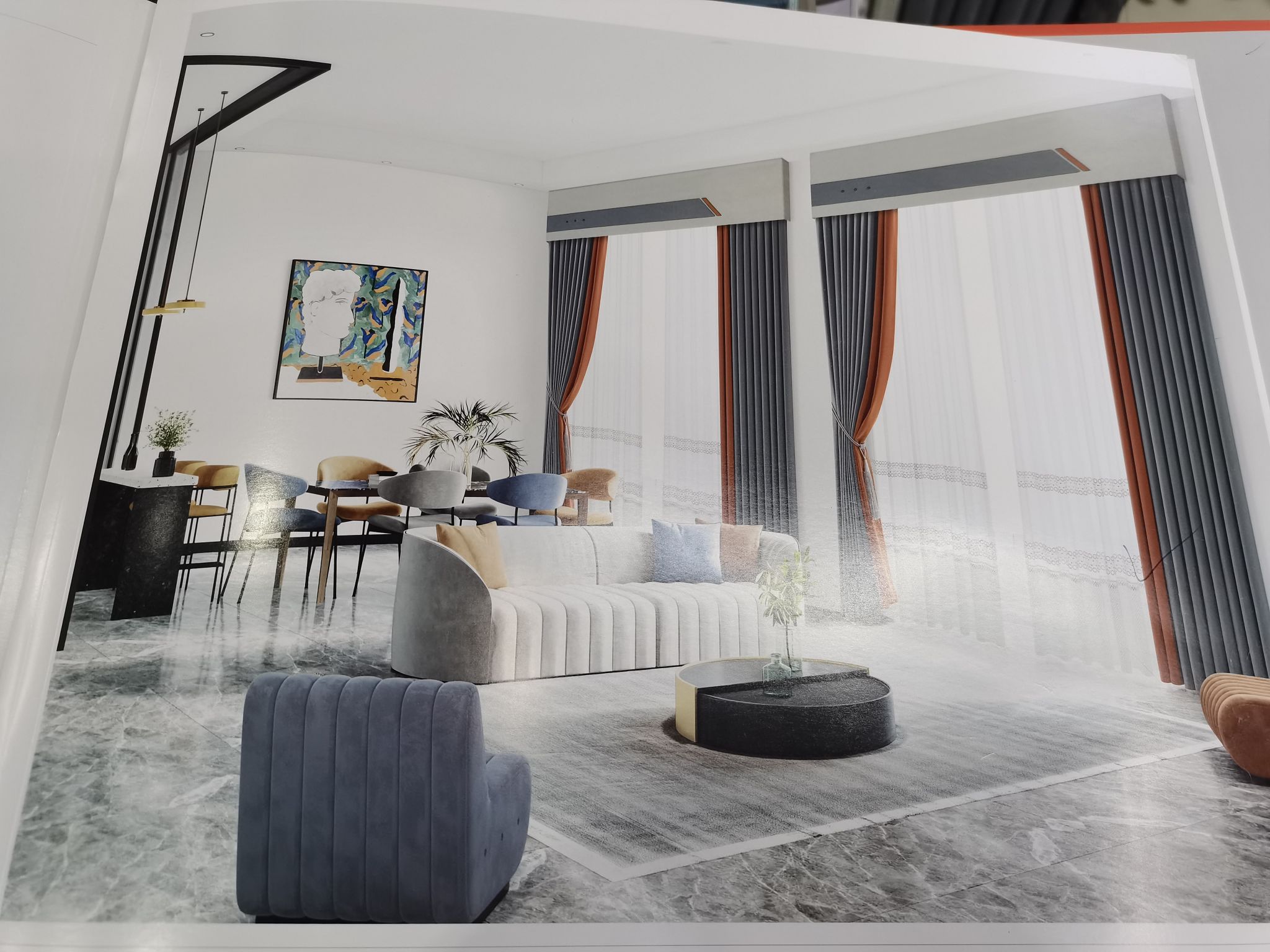 Double-sided cotton and linen jacquard seamless splicing, fashionable curtains for living room, bedroom and dormitory, dark gray, orange-red, light gray Specification image