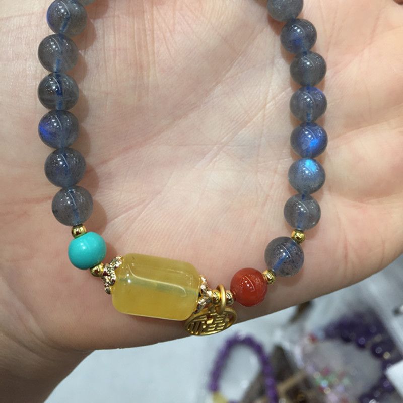 Bright crystal jewelry, natural grey moonlight amber, "Fu" character pendant bracelet Item Picture
