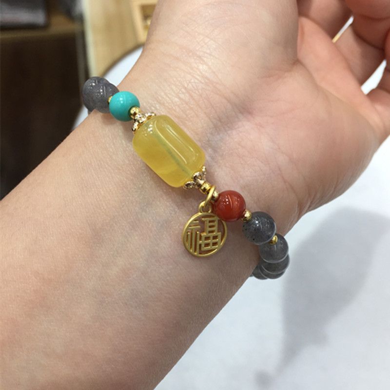 Bright crystal jewelry, natural grey moonlight amber, "Fu" character pendant bracelet Specification image