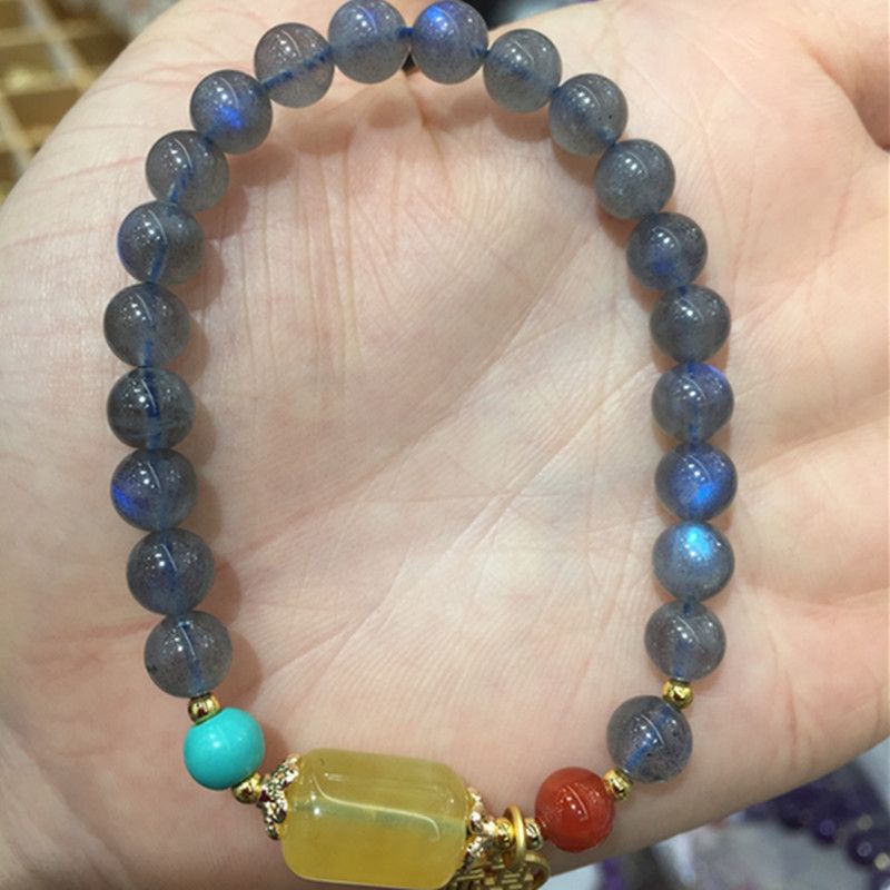 Bright crystal jewelry, natural grey moonlight amber, "Fu" character pendant bracelet details Picture