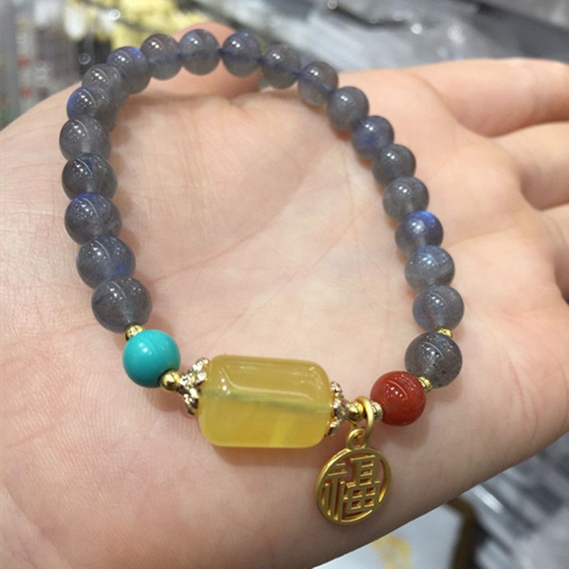 Bright crystal jewelry, natural grey moonlight amber, "Fu" character pendant bracelet