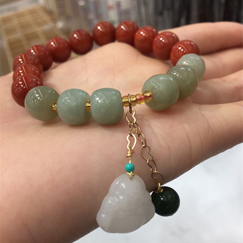 亮彩晶珠宝 天然和田玉 南红老形珠手链  和田白玉吊坠  颜色鲜艳