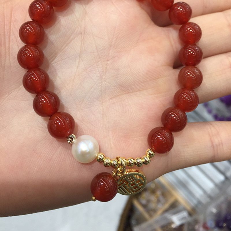 Bright crystal jewelry natural red agate pearl bracelet details Picture