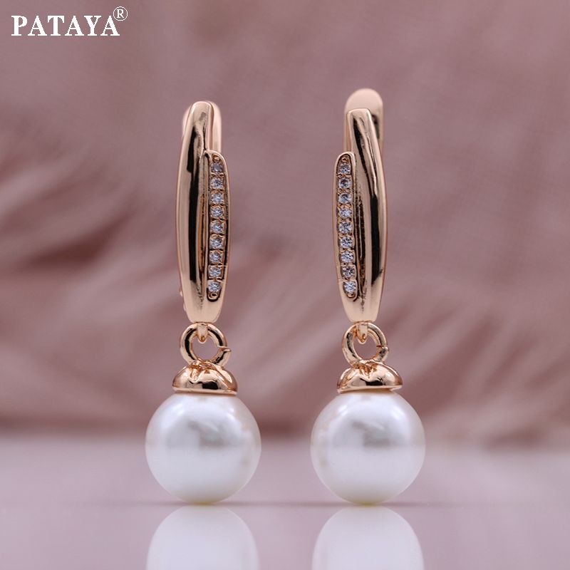 PATAYA585 Rose gold genuine gold electrochrotron color preservation plating cross-border direct supply artificial zircon pearl pendant earrings details Picture