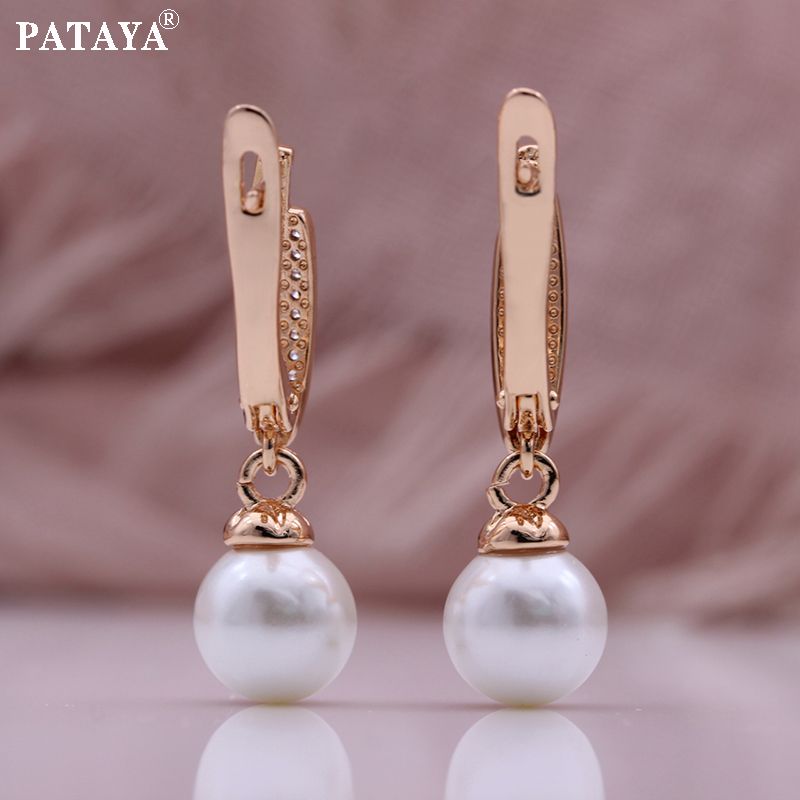 PATAYA585 Rose gold genuine gold electrochrotron color preservation plating cross-border direct supply artificial zircon pearl pendant earrings Specification image