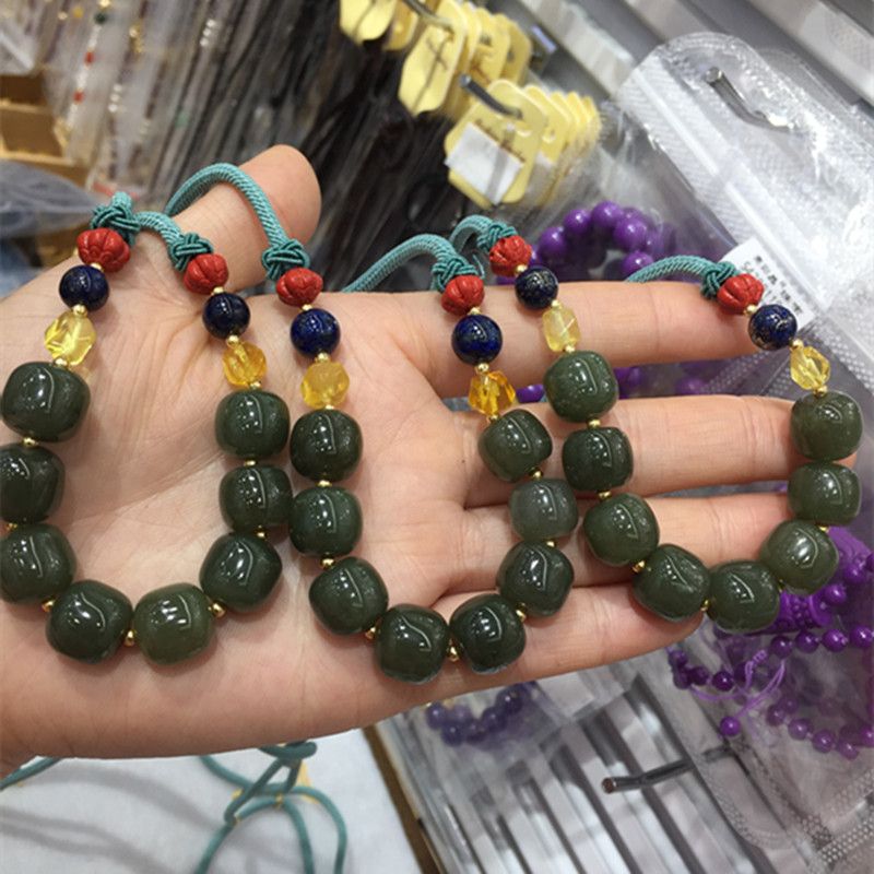 Bright-colored crystal jewelry natural Hetian jade vintage bead necklace