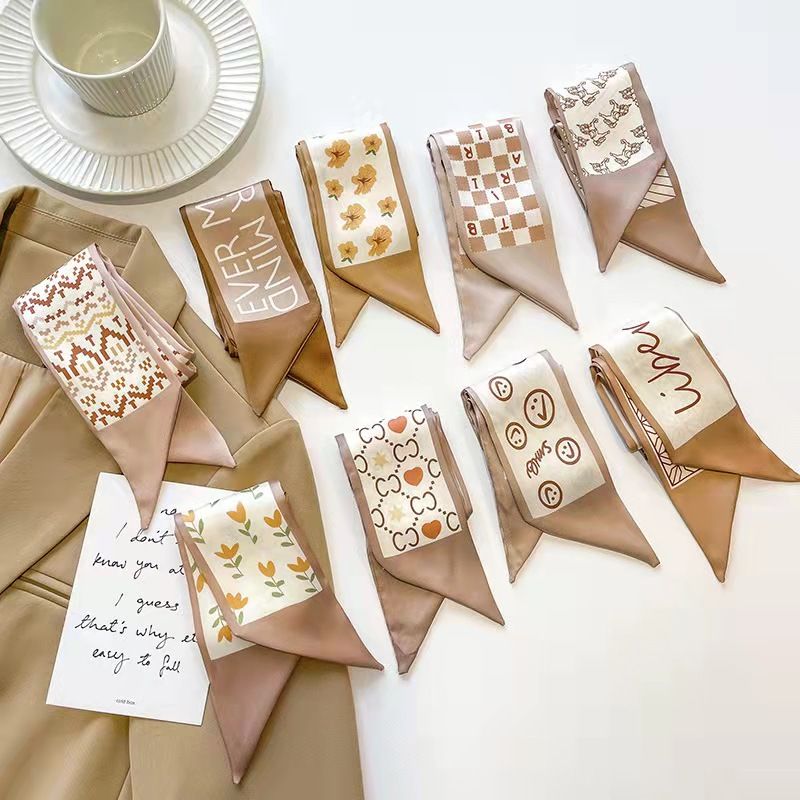 FLY1797 High-end khaki nude color Korean Ins-style small silk scarf, ribbon and hair tie decoration spring and autumn professional scarf Item Picture